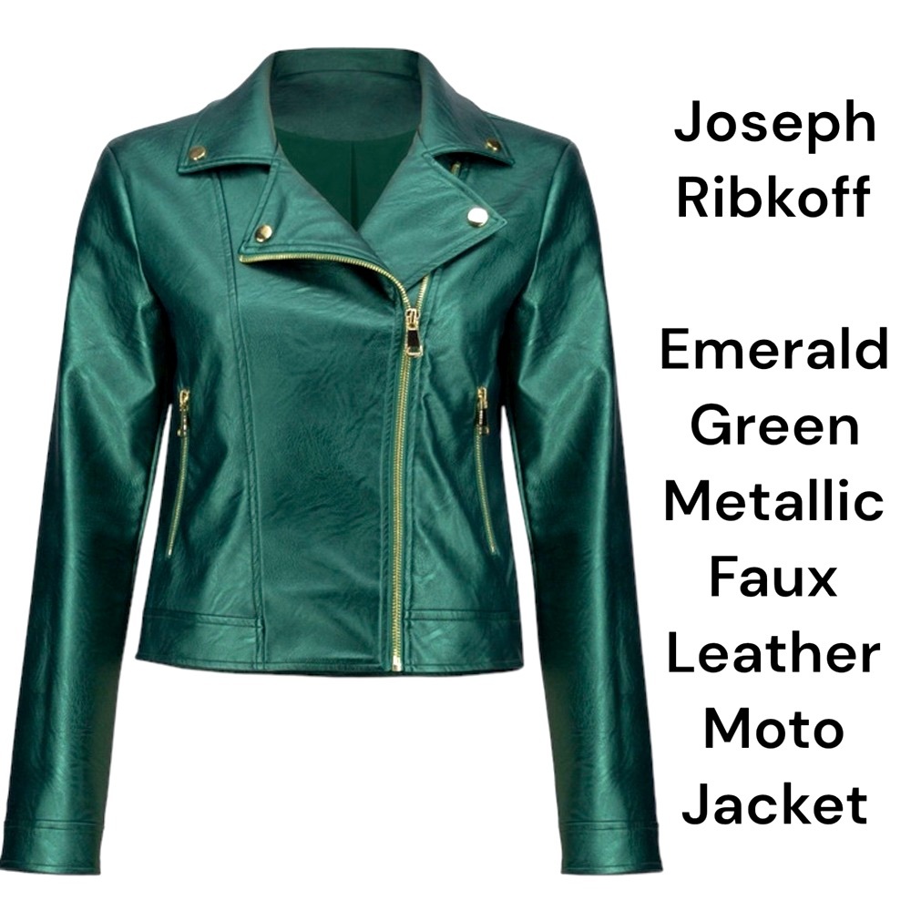 JOSEPH RIBKOFF
Emerald Metallic Faux Leather Biker Jacket size Med Style 234902